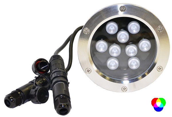Подводный светодиодный прожектор (LED) 9 диодов, 45°, 12V.DC, RGB